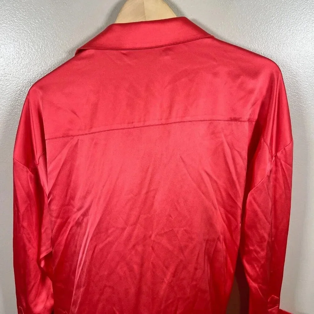SER.O.YA Demi Silk Dress Size Medium Neon Coral Pink Shirt Dress Wrap Party